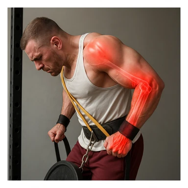 A man performing a dip exercise showing evident joint stress: shoulder, arm, and elbow highlighted in red to indicate pain or inflammation. Hyper-realistic style with anatomical details, clinical atmosphere, and neutral background. sticker