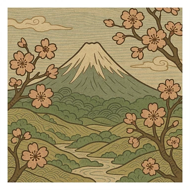 ukiyo-e style illustration of a mountain landscape with cherry blossoms sticker