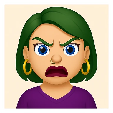 Create an emoji style image of a girl with green hair and an angry expression. She has blue eyes, lipstick blended with dark red and purple, gold hoop earrings, and a nose ring. sticker