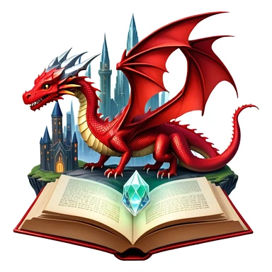 Icon for Fantasy and Science Fiction: a magical book with glowing pages, surrounded by a dragon, a spaceship, a wizard’s staff and a futuristic cityscape. The icon should capture the adventure, magic, and imagination of fantasy and sci-fi worlds. Transparent background. sticker