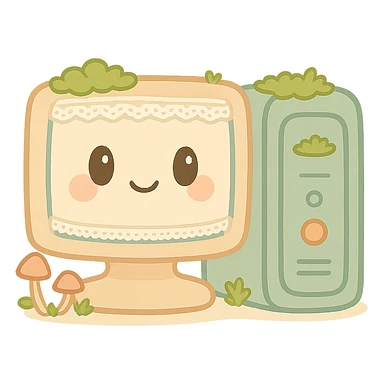 Remove any words or text from the image. Maintain the cottagecore style featuring a quaint computer tower and monitor surrounded by moss, tiny mushrooms, delicate lace, and soft earthy tones. The background should be transparent. sticker