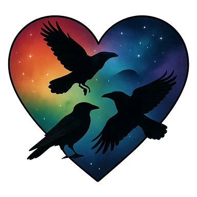  heart with rainbow night sky and dark ravens, remove background sticker