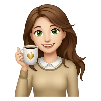 Long, Brown haired girl with middle hair part, green eyes, gold hoop nose ring, smiling, waving with one hand, coffee mug in the other sticker