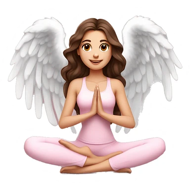 Brunette long curled hair and brown eyes yoga beautiful girl in light pink clothes sitting on a yoga mat with angel wings sticker