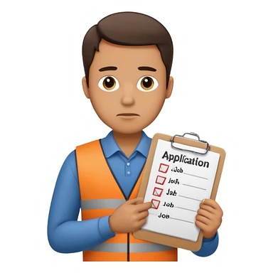 Man looking sad while holding a clipboard with a checklist that has a heading that says job application  sticker