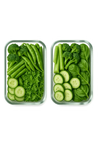 verdure tagliate e sistemate in due schiscette di vetro viste dall'alto, iperrealistico 4k sticker