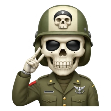 A bold emoji-style bodyless white skull wearing a realistic modern army helmet, making a shushing gesture (index finger bone held up to mouth area). Clean vector style,modern emoji aesthetic.The helmet has detailed realistic texture. sticker