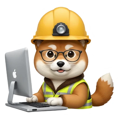 shiba inu with eye glasses and computer wearing a hard hat sticker