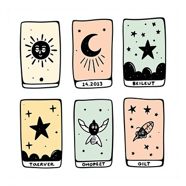 Tarot cards with mystical symbols in pastel colors (dd9fb0, ffc6d3, a3bfc9, c4bee2, f1b091), hand-drawn doodle style sticker