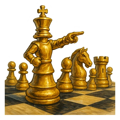 В cлегка рисованной, но при этом объемной, яркой и фотореалистичный стилистике сгенерируй картинку где по центру стоит шахматный король сделанный из качественного золота, он указывает пальцем в даль как военноначальник, а рядом фигуры пешек, конь, ладья, слон идут в атаку, на полу виднеется шахматная доска, фон позади фигур прозрачный фон sticker