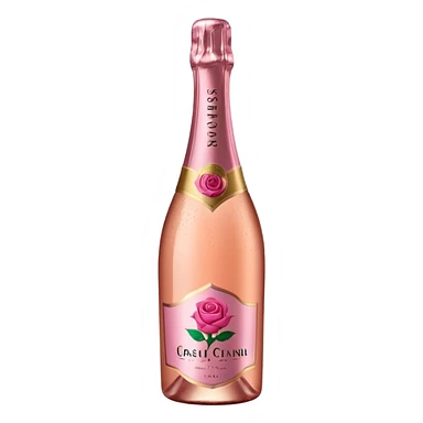 bottle of sparkling rosé champagne with a rose logo on the label, tilted up and to the right, no glass sticker