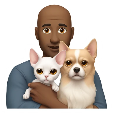 White, bald man is holding a grey, small sphinx cat and woman with dark, straight hair is holding orange, fluffy Pomeranian dog sticker