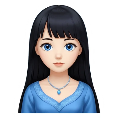 Uma mulher, pele branca, cabelos longos liso preto, franja estilo hime cute, olhos no tom azul celeste, estilo amendoados, cílios delicados longos, usando roupas elegantes sticker