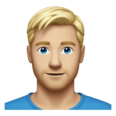 A head and shoulders shot of a 30 year old white man, with short blonde hair,   with blue eyes wearing a t-shirt. sticker
