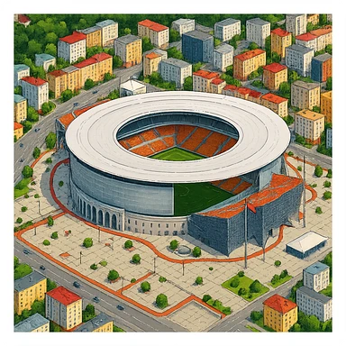 Изометричная, яркая, детализированная и фотореалистичная иллюстрация стадиона Екатеринбург Арена в стиле 3D-коллажей городов, насыщенные цвета, аккуратные и чёткие линии, мультяшно-реалистичная стилистика. Чёткие контуры, не размазанные линии, высокое качество, прозрачный фон, не обрезать края картинки sticker