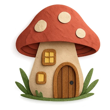 mushroom-shaped house with glowing lights, forest fairy tale vibe, paper-craft style sticker