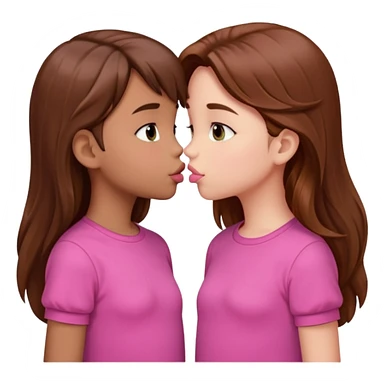 two 5 year old gals about to kiss on the lips, lips extremely close but not touching, pink shirts, long brown hair sticker