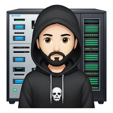 hackeur blanc cheveux noir barbe et capuche noir à côté d'un server ia sticker