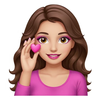 girl with long wavy brown hair, brown eyes, long lashes makeup, sexy pink lips, light to medium complexion, pink sexy top, smiling, hand covering eyes sticker