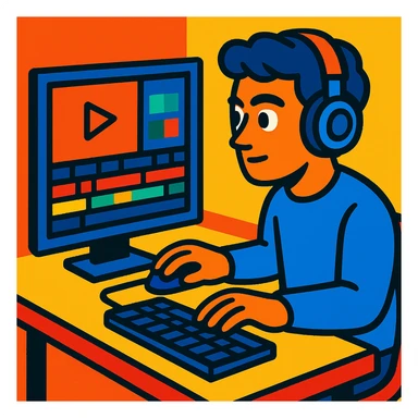 a man sitting at a table, headphones on, focused on video editing, vibrant toon style sticker