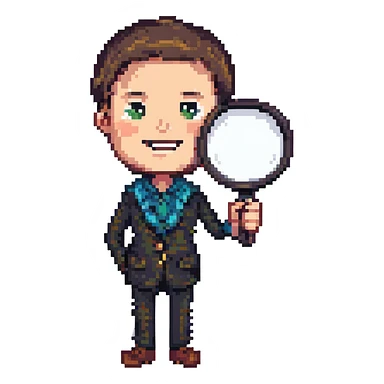 man with large magnifying glass, arched eyebrows, wide smile, pixel art style sticker
