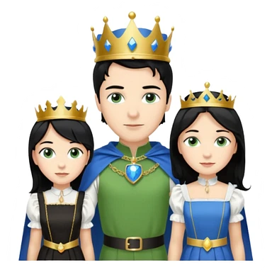 Prince with crown, blue cape and trousers, body and legs, black hair, blue eyes and maid, blonde hair, green eyes, sexy white short sleveless dress,  sticker