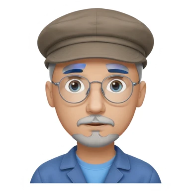 Bald, grey goatee, wire rim glasses, blue eyes, grey flat cap, round face sticker