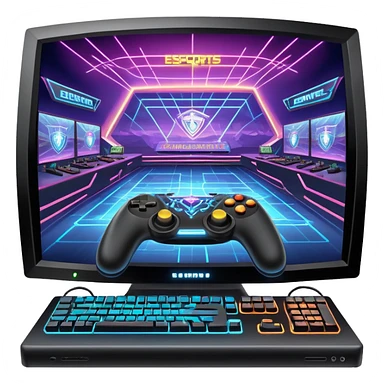 An icon featuring a gaming monitor displaying an intense esports competition, with players' hands on controllers and keyboards. A digital scoreboard and glowing energy lines surround the scene, symbolizing the excitement of competitive gaming. Transparent background highlights the world of esports. sticker