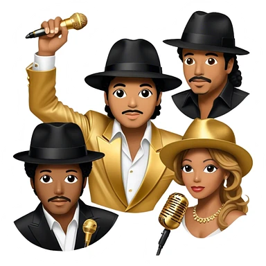 Icon for R&B Music: collage of iconic R&B artists—Michael Jackson, Beyoncé, Lionel Richie, Whitney Houston, and Barry White. Each artist represented by a silhouette or symbolic item (like a glove, microphone, or fedora). Transparent background. sticker