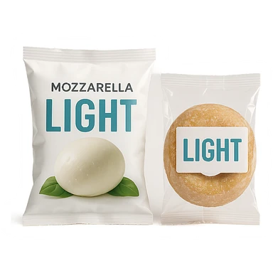 PACCHTTO DI MOZZARELLA LIGHT CON LA SCRITTA "LIGHT" SULLA CONFEZIONE, ACCANTO AD UN DONUT CONFEZIONATO CON LA SCRITTA "LIGHT" SULL'ETICHETTA,  iperrealistico 4k sticker