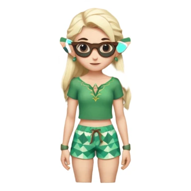 elf female legolas portrait, patterned board shorts (geometric/abstract), unique wooden-framed sunglasses, undercut hairstyle, slight smirk, visible pointy ears, no background, centered emoji, hipster summer vibe coctails sticker