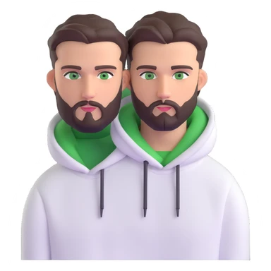 man with short full beard, dark brown undercut hairstyle, white hoodie, and green eyes sticker