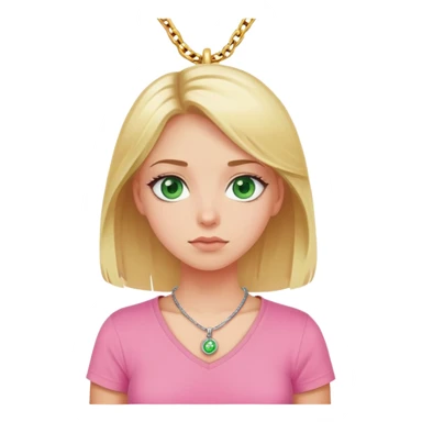 Make a blonde girl with green eyes, who rolls her eyes, in a pink T-shirt with a pendant around her neck sticker