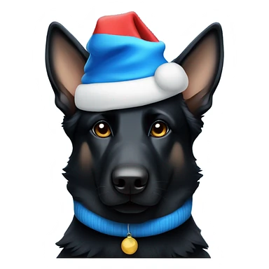 All black German shepherd with blue Santa hat sticker