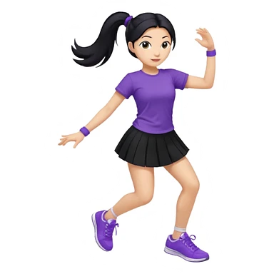 Mujer bailando con zapatillas violeta, pollera negra y remera violeta, mujer con pelo negro y recogido en una coleta sticker