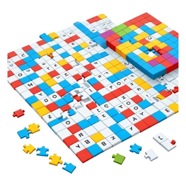 A photorealistic icon with a colorful, fragmented crossword magazine, a 3D puzzle, and a partially completed puzzle on a table. Bright, detailed design with realistic lighting. Transparent background, clearly symbolizing puzzles and brain games. sticker