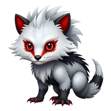 a white and silvery exotic edgy vernid-fionbr-Fakémon-creature, with black belly and red eyes, full body sticker
