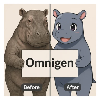 two hippo holding sign of omnigen, half picture 1 hippo is realistic another half is the anime of that same second hippo, with before after mark sticker
