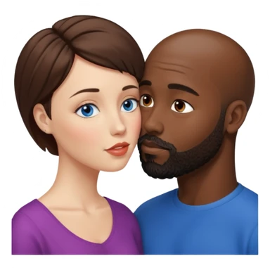 There is a white woman with short brown hair and blue eyes and a black man with no hair and a beard. The woman is giving a kiss to the forehead of the man sticker