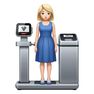 women is standing on weight check machine and she is sad because his weight is not ganaing showing weight also sticker