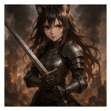 realistic anime catgirl as a warrior, armor, sword, dramatic battlefield background sticker