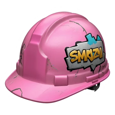 pink hard hat with graffity sticker