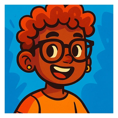 boy with curly hair and brown skin, wearing black glasses and earrings, vibrant cartoon style sticker
