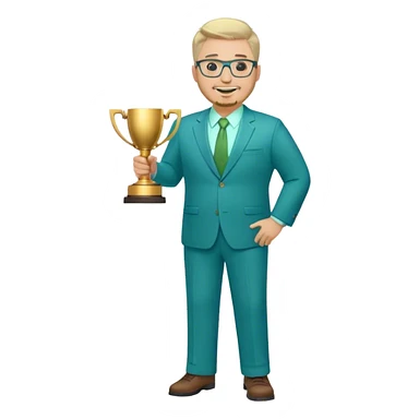 Full Body white male plus size wearing glasses with a goatee with light blonde and gray very short hair happy basketball head Coach in blue and green suit holding trophy sticker