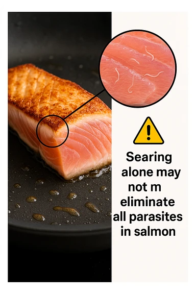 a close-up of a salmon fillet being lightly seared in a hot pan, with the outer layer cooked but the inside still raw. An inset magnifies the interior, showing visible Anisakis parasites surviving in the uncooked portion. A warning icon and educational text explain that searing alone may not eliminate all parasites. sticker