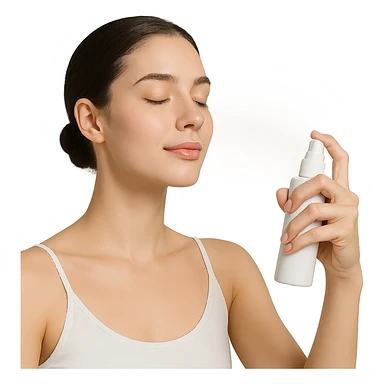 girl spraying face mist, clean and fresh, minimal background, modern style, skincare, beauty sticker