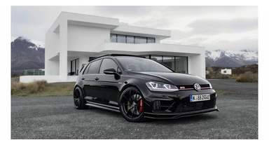 black Golf 4 with bodykit, in background is modern huge two flors white villa, in distance are iceland mountains, rule of thirds, shot on gopro hero, noise camera sticker