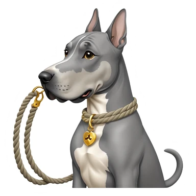 Gray Great Dane with white rope collar and rope Leash with gold accents  sticker