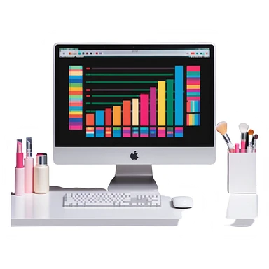 iMac computer with colorful bar charts and beauty products inside the screen sticker