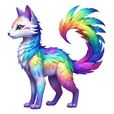 Kawaii neon colorful with feathers rainbow iridescent fantasy ethereal feline-vernid-sergal-fursona animal creature with a tufted tail full body with intricate markings sticker